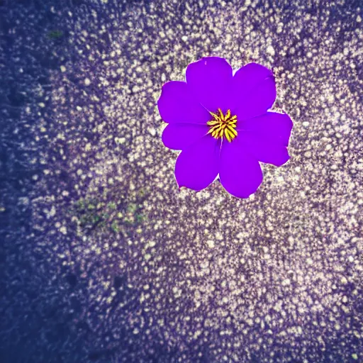 Image similar to closeup photo of purple flower petal flying above a city, aerial view, shallow depth of field, cinematic, 8 0 mm, f 1. 8