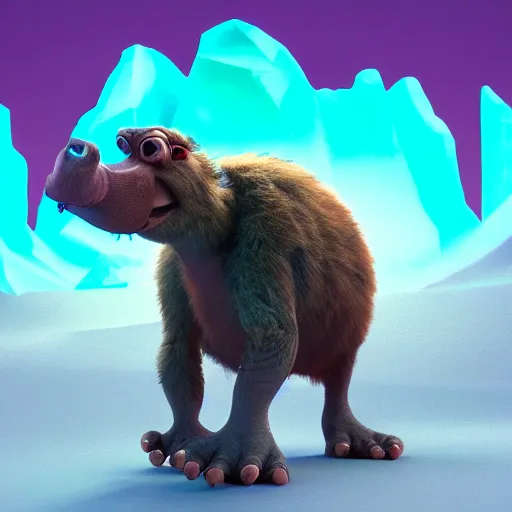 Prompt: a high resolution render symetric of ice age trailer scene sid, by johannen voss by david cronenberg by francis bacon by peter kemp by octane render blender 8 k isometric dof neon colours