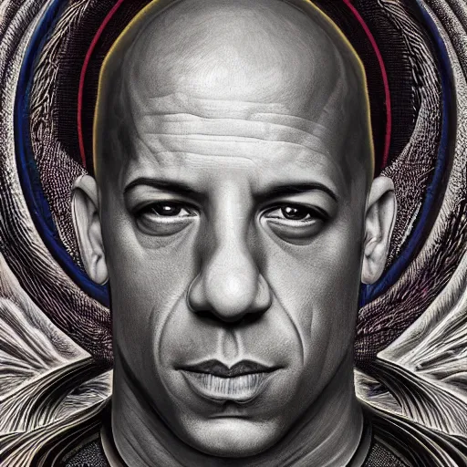 Prompt: photorealistic vin diesel as a dmt entity in the style of alex grey, gustave dore, and michael whelan. hyperdetailed photorealism, 1 0 8 megapixels, amazing depth, high resolution, 3 d shading, 3 d finalrender, 3 d cinematic lighting, glowing rich colors, psychedelic overtones, artstation concept art.