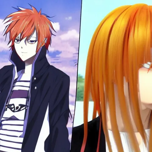 Prompt: orange - haired anime boy, 1 7 - year - old anime boy with wild spiky hair, standing next to 1 7 - year - old pale - skinned persian girl with black long bob cut, long bangs, black gothic jacket, ultra - realistic, sharp details, subsurface scattering, blue sunshine, intricate details, hd anime, 2 0 1 9 anime