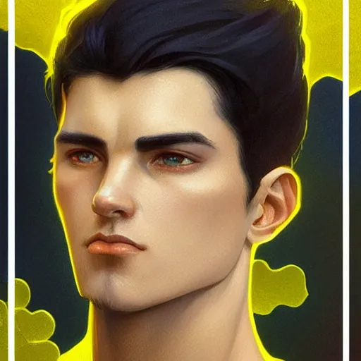 Image similar to ultra realistic illustration, a young man with black hair, in a yellow t - shirt, with blue eyes, highly detailed, digital painting, artstation, concept art, smooth, sharp focus, illustration, art by artgerm and greg rutkowski and alphonse mucha