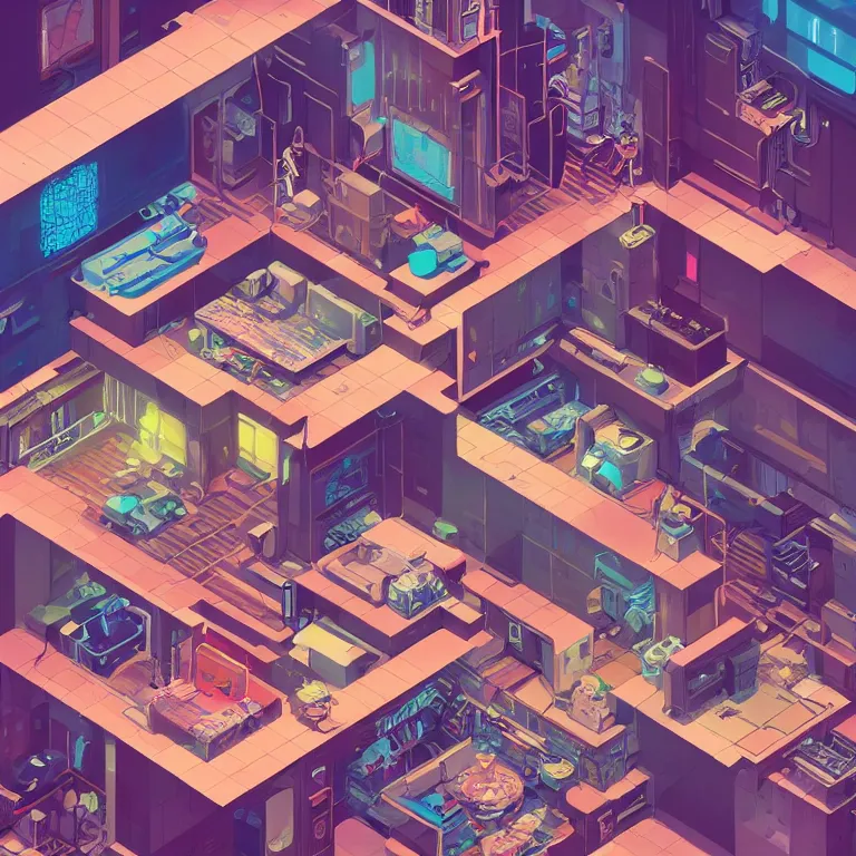 Image similar to isometric view illustration of a Cyberpunk apartment, highly detailed, by James Gilleard and Bruce Pennington