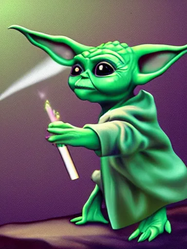 Image similar to baby yoda smocking a joint, digital painting, highly detailed