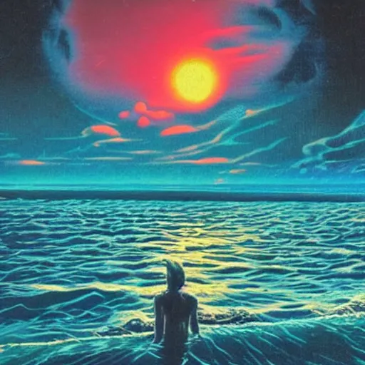 Prompt: a swim in the sea at night, synth wave, retro wave, Angus McKie