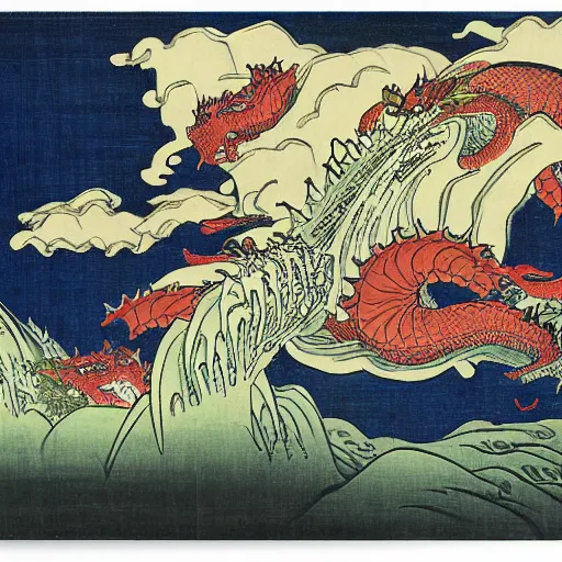 Image similar to A sea of dragons by Utagawa Kuniyoshi, ukiyo-e, nightmare ocean storm