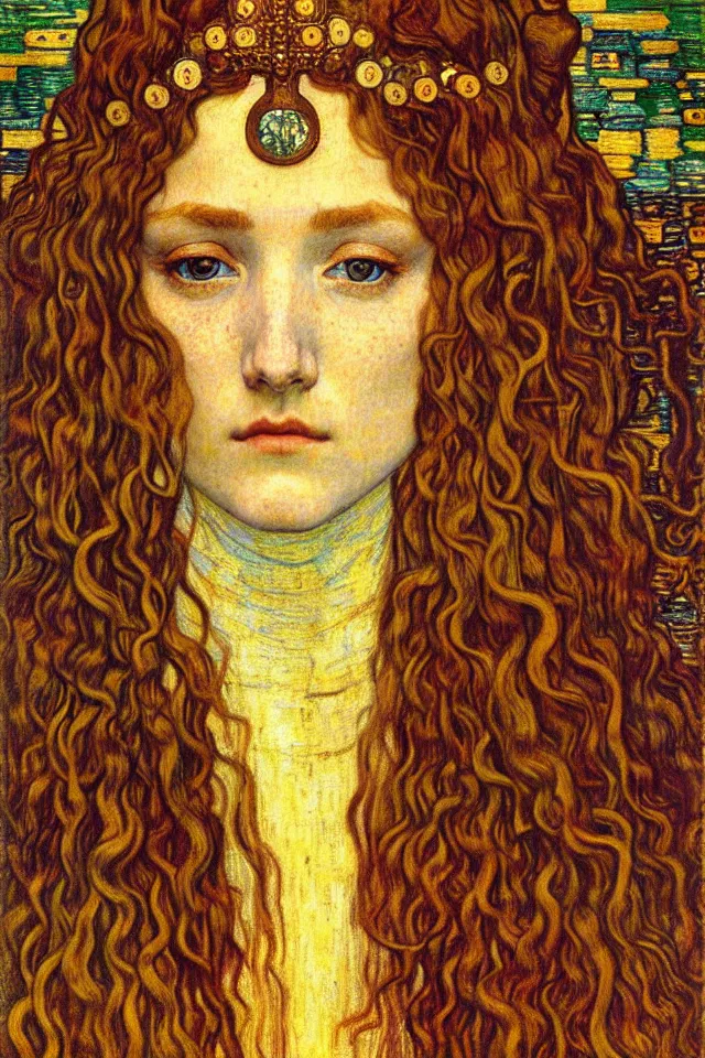 Image similar to detailed realistic beautiful young medieval queen face portrait by jean delville, gustav klimt and vincent van gogh, art nouveau, symbolist, visionary, gothic, pre - raphaelite, muted earthy colors, desaturated