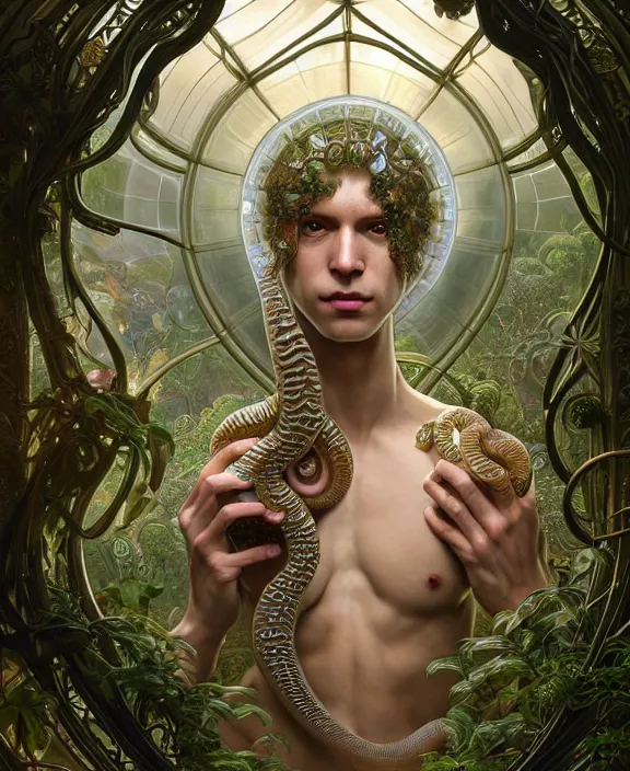 Prompt: intricate ornate opulent transparent clear see - through portrait of a horrific beautiful male human nautilus snake, adorable, childlike, overgrown biopunk jungle environment, ultra realistic, concept art, art nouveau, photorealistic, octane render, 8 k, unreal engine. art by christopher marley and artgerm and greg rutkowski and alphonse mucha