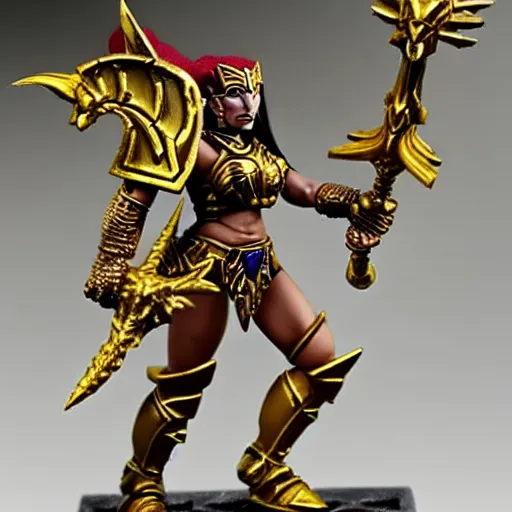 Prompt: photo of a female sauruswarrior from warhammer, golden armor, golden spear, warhammer model, figurine, highly detailed, sharp focus