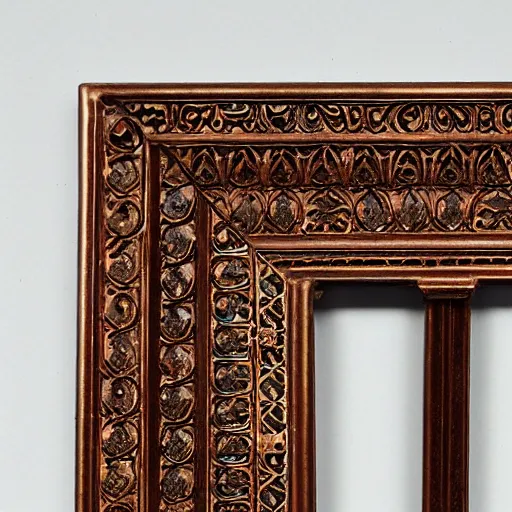 Image similar to a copper picture frame designed by Louis sullivan, patina, weathered, ornate