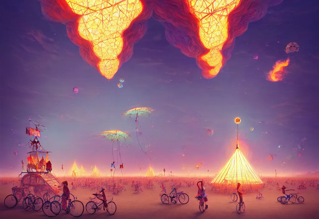 Image similar to A beautiful illustration of burning man festival, trending on artstation, WLOP, cgsociety by Gediminas Pranckevicius, trending on cgsociety, Michaelangelo, bokeh, fractal Thunder glow by dan mumford