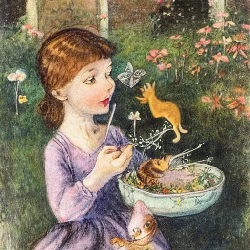 Prompt: cat eating a fairy in a garden by cicely mary barker girl is holding a bowl