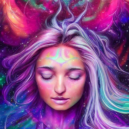 Image similar to a galaxy pink purple and blue colored psychedelic chakra awakening kundalini ethereal portrait of kim petras with her eyes closed transcending to a higher plane of existence, eternal blessing, multiverse, by android jones, by ben ridgeway, visionary art, by artgerm, featured on artstation, cgsociety, by greg rutkowski