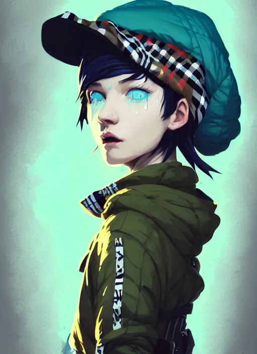 Image similar to highly detailed portrait of a sewer punk lady student, blue eyes, burberry hoody, hat, white hair by atey ghailan, by greg rutkowski, by greg, tocchini, by james gilleard, by joe fenton, by kaethe butcher, gradient yellow, black, brown and cyan color scheme, grunge aesthetic!!! ( ( graffiti tag wall background ) )