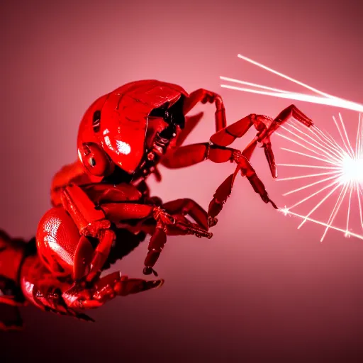 Image similar to closeup studio photograph of a red scorpion with a laser gatling gun, dramatic lighting, edited in photoshop