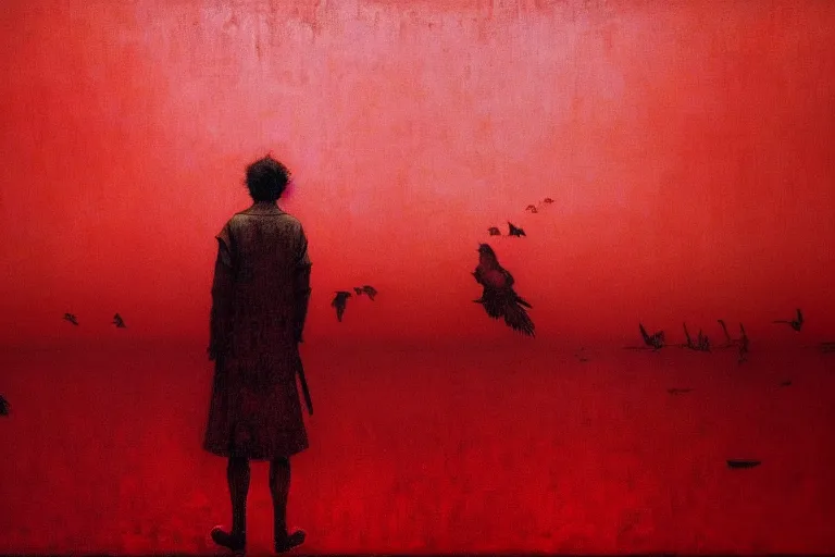 Image similar to only with red, a red dystopic knight, venice, flock of birds in the red sky, in the style of beksinski, parts by edward hopper, parts by rodcenko, parts by yue minjun, intricate and epic composition, red by caravaggio, insanely quality, highly detailed, masterpiece, red light, artstation, 4 k