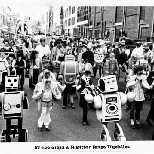 Prompt: robots rights protest, vintage press photo
