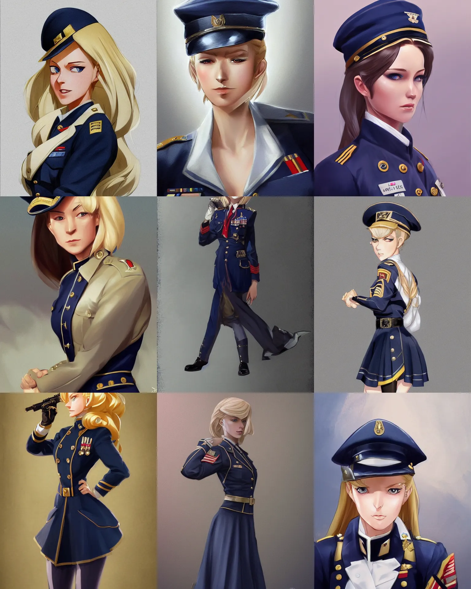 Prompt: A blonde woman in a navy blue military dress uniform , anime, visualartzi, dieselpunk, concept art by Karla Ortiz, James Paick, Charlie Bowater, Krenz Cushart, highly detailed, ultra detailed, ultra realistic, trending on artstation, cgstudio