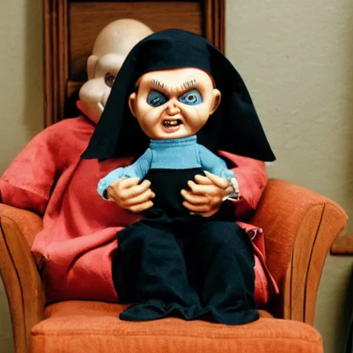 Image similar to a nun in church holding chucky the killer doll on her lap