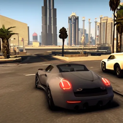 Prompt: promotional screenshot of grand theft auto videogame set in dubai