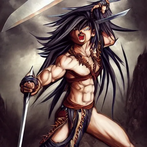 Image similar to realistic art style, warrior girl, muscular girl, wild spiky black saiyan hair, long spiky hair, electrified hair, holding scimitar made of bone, scimitar, sword, jagged sword, curved sword, orkish sword, colorized, gray skin, hyper - detailed, primeval fantasy, prehistoric fantasy, art by jacques - louis david