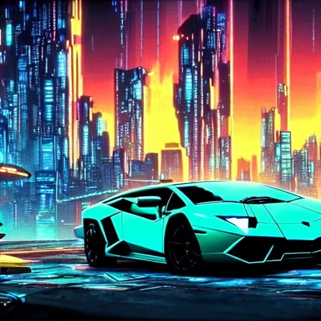 Prompt: epic professional digital screenshot from the movie'the fifth element'of photorealistic synthwave lamborghini driving through neon cyberpunk futuristic city towers, mountains in background, intricate, detailed, much wow, much detail