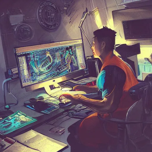 Image similar to a insanely detailed painting of a thick asian man wearing a homemade superhero costumed, sitting at a computer desk typing on the keyboard, in the style of peter mohrbacher, dramatic lighting and composition, trending on artstation, concept art, comic book, graphic novel