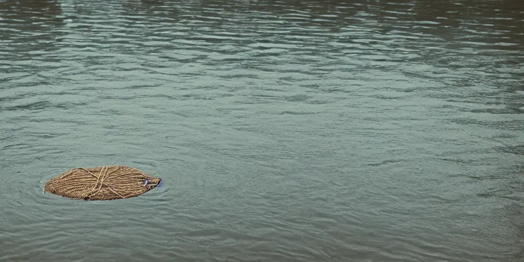 Image similar to centered photograph of a long rope zig zagging across the surface of the water, floating submerged rope stretching out towards the center of the lake, a dark lake on a cloudy day, color film, trees in the background, hyperedetailed photo, anamorphic lens, 2 0 0 1