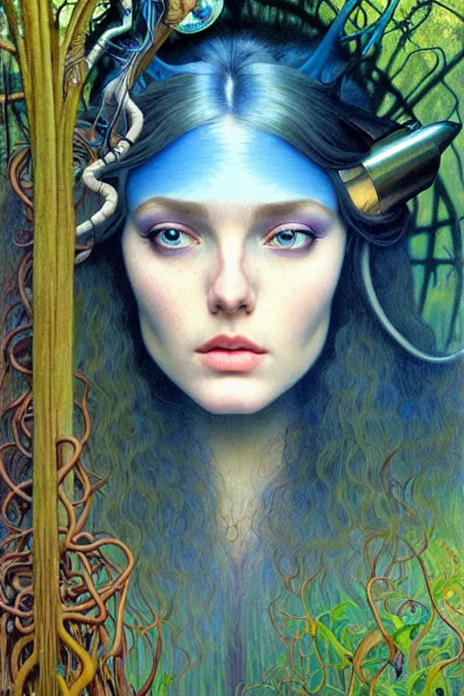 Prompt: realistic detailed face portrait painting of the beautiful beyounce with long hair with sci-fi headwear, futuristic sci-fi forest on background by Jean Delville, Amano, Yves Tanguy, Alphonse Mucha, Edward Robert Hughes, Roger Dean, rich moody colours, blue eyes