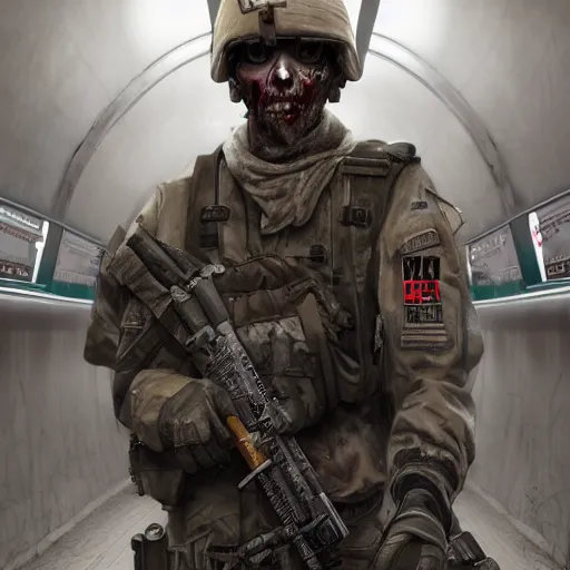 Image similar to an modern soldier in a new york subway in a zombie apocalypse, au naturel, hyper detailed, digital art, trending in artstation, cinematic lighting, studio quality, smooth render, unreal engine 5 rendered, octane rendered, art style by klimt and nixeu and ian sprigger and wlop and krenz cushart