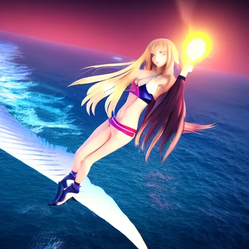 Image similar to a very beautiful and evil 3d anime girl flying over sea, unreal engine 5 4k render, hazler eyes, cute smile, trending on artstation, medium shot, long blonde hair