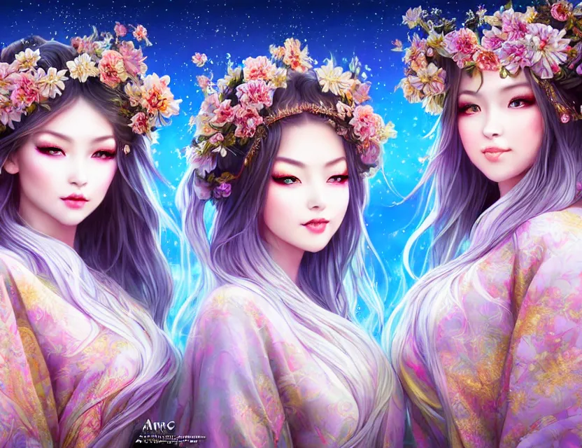 Image similar to two beautiful alluring siberian girls wear fantasy kimono in festival | | sunny night, full moon, dreamlike art, realistic shaded, smile, good looking, hyper details, 4 k realistic, cryengine, realistic shaded lighting poster by artgerm, ross tran, fuji choko, 8 k resolution, trending on artstation, luxury