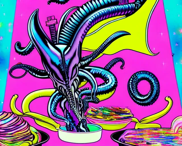 Image similar to lisa frank's xenomorph buffet