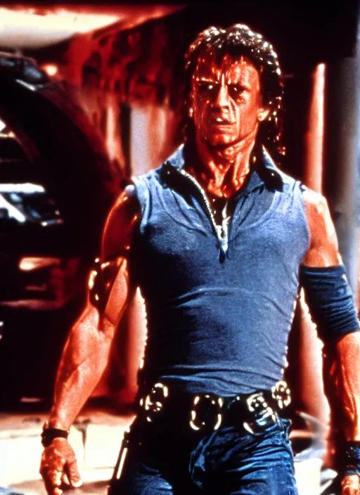 Prompt: film still of Silvester Stalone as The Terminator in The Terminator, 4k