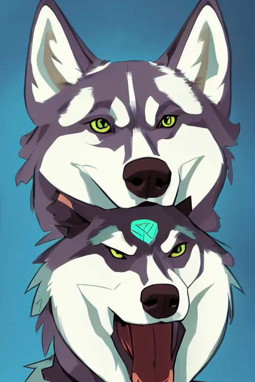 Image similar to a character design of a husky hero, portrait painting, anime, humanoid, anthropomorphic, personify, furry