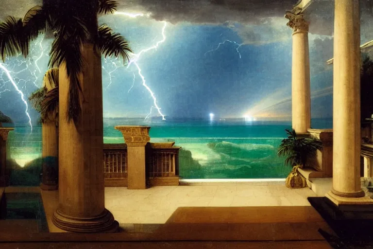 Image similar to mediterranean balustrade and columns, refracted lightnings on the ocean, thunderstorm, greek pool, beach and Tropical vegetation on the background major arcana sky and occult symbols, by paul delaroche, hyperrealistic 4k uhd, award-winning, very detailed paradise