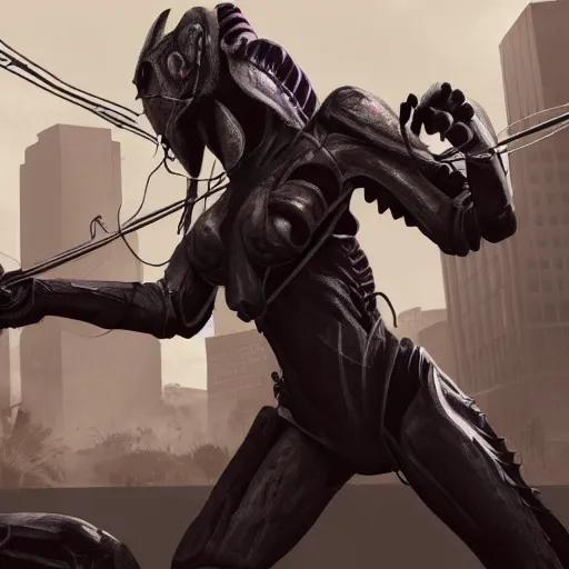 Image similar to a still of yautja in in the half - life game fighting against metrocops, hd shot, concept art, artstation