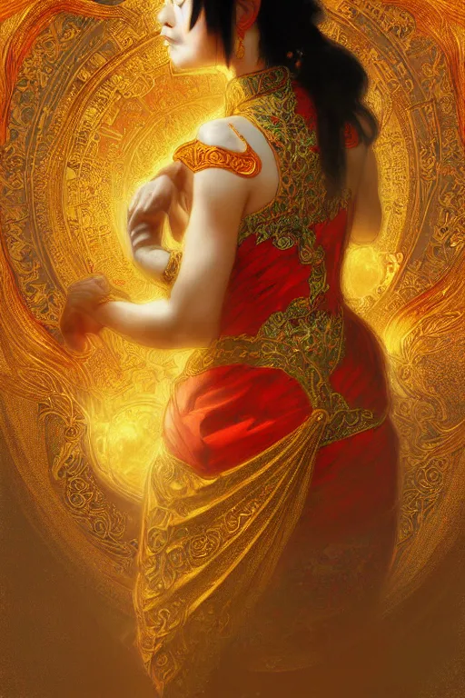 Image similar to tarot card artstation, portrait of an asian love dancer, sunrise, baroque ornamnet and rococo ornament, ancient chinese ornate, hyperdetailed, beautiful lighting, craig mullins, mucha, klimt, yoshitaka amano, red and gold and orange color palatte