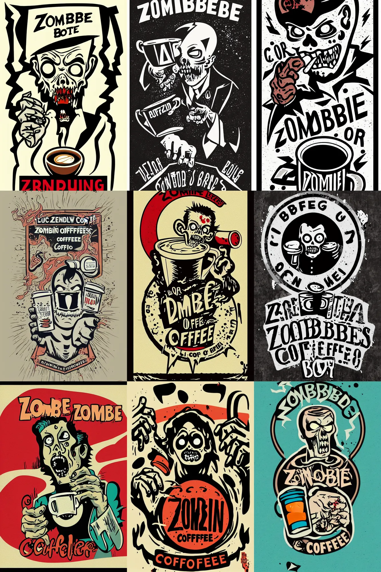 Image similar to zombie drinking coffee logo, take away coffee, by mcbess, full colour print, vintage colours, lightning bolts, 1950s