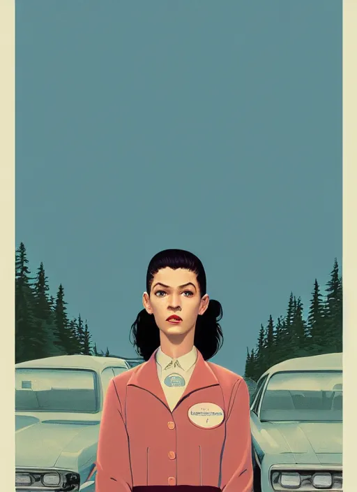 Prompt: Twin Peaks poster artwork by Michael Whelan, Bob Larkin and Tomer Hanuka, of portrait of Zendaya wearing baby blue diner color waitress dress, from scene from Twin Peaks, simple illustration, domestic, nostalgic, from scene from Twin Peaks, clean, full of details, by Makoto Shinkai and thomas kinkade, Matte painting, trending on artstation and unreal engine