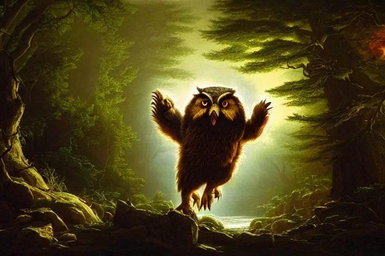 Prompt: beautiful hyper-realistic photograph of an angry owlbear charging toward the camera through a forest at dusk featured in national geographic, dungeons and dragons, in the style of Asher Brown Durand, thomas cole