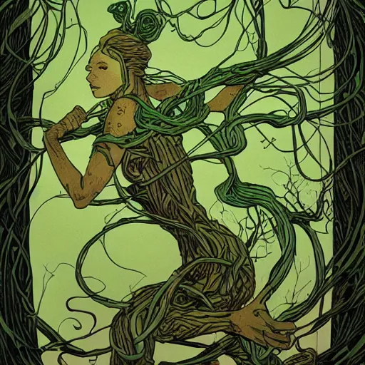 Prompt: verdant green ENT NYMPH twisting winding knotted tangled vines and trees by moebius by James Jean, by Mike Mignola comic graphic novel style action illustration, gritty textured, trending on artstation