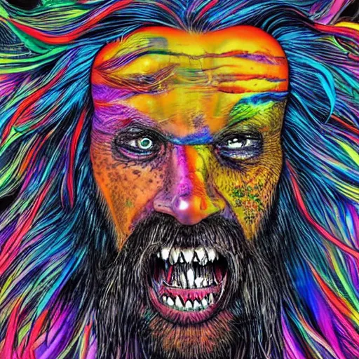 Image similar to a crazy man with long multi colored hair and a pointy beard smiling and making strange gestures as his face melts and inside his face are various psychedelic rebel monsters, psychedelic surreal cosmic bizarre horror