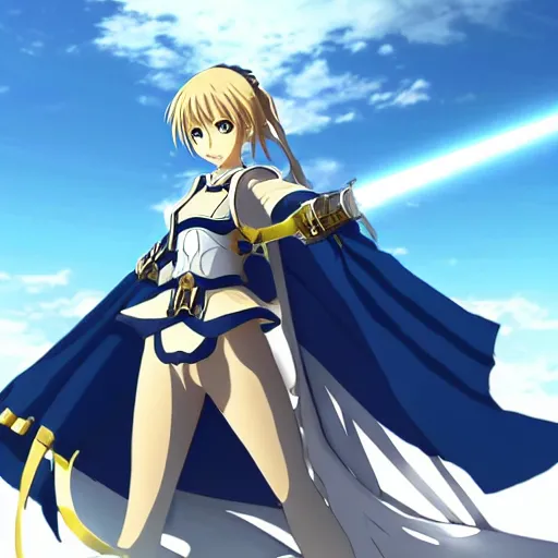 Prompt: key anime visual of a battle maiden dressed like saber, dynamic pose, dramatic pose, shield and sword, sky background.