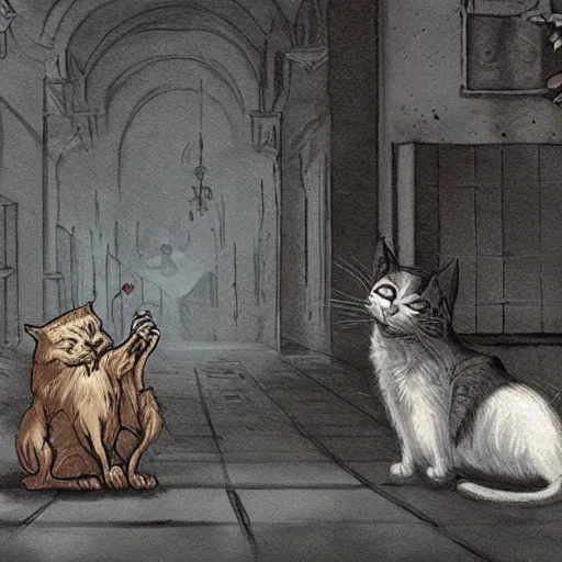 Image similar to concept art, devil offers money to a cat, high quality, detailed, eerie atmospher