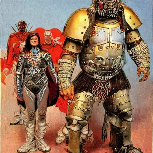 Image similar to giant haystacks in scifi warrior metal armour, by norman rockwell and boris vallejo