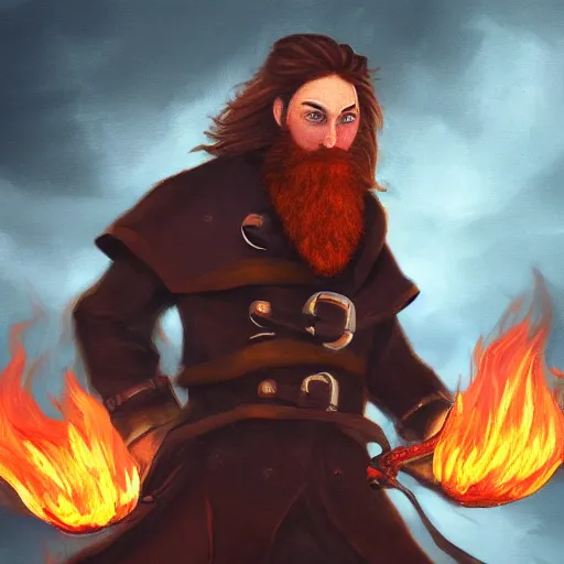 Image similar to furious young brown - red haired man with beard, wearing black coat, fire behind him, fire mage, shooting fire, fire, oil painting, fantasy artwork, fantastic artwork, 4 k, trending on artstation