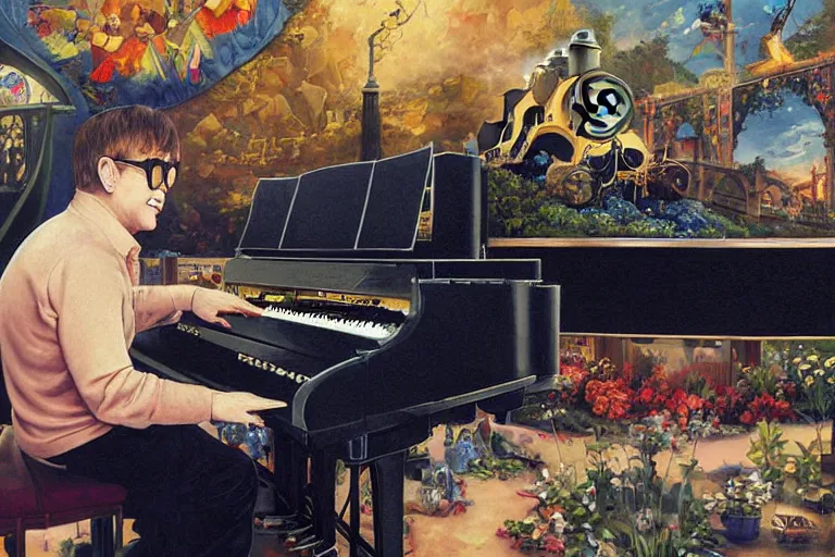 Prompt: elton john playing a piano on top of thomas the tank engine, an oil painting by ross tran and thomas kincade