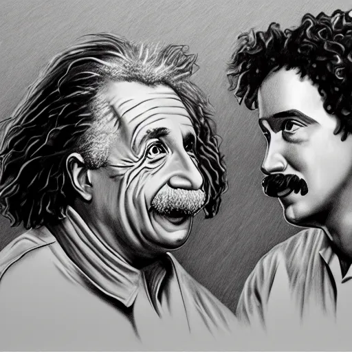 Image similar to Einstein and Newton speaks each other on a topic, pencil drawing, ultra detailed, octane render