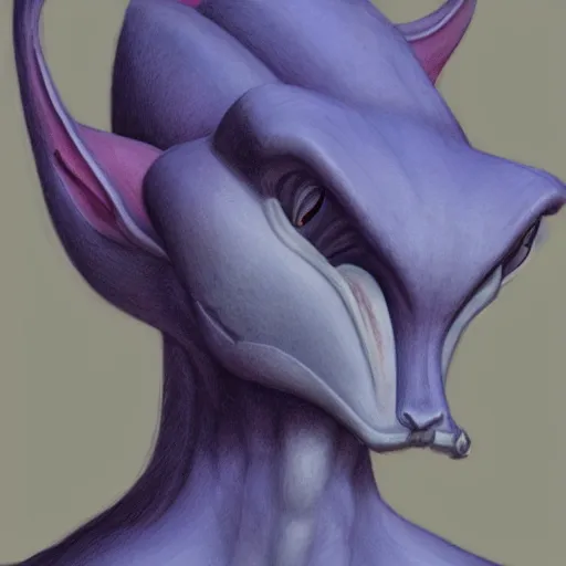 Image similar to a portrait of mewtwo, in the style of wayne barlowe