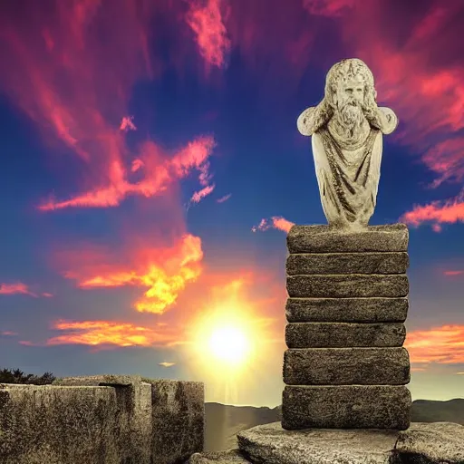 Prompt: a giant stone statue of the greek letter lambda, epic sunset skies in the background, highly detailed digital art